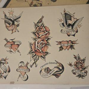 Vintage Tattoo Flash Sheet Roses Hearts