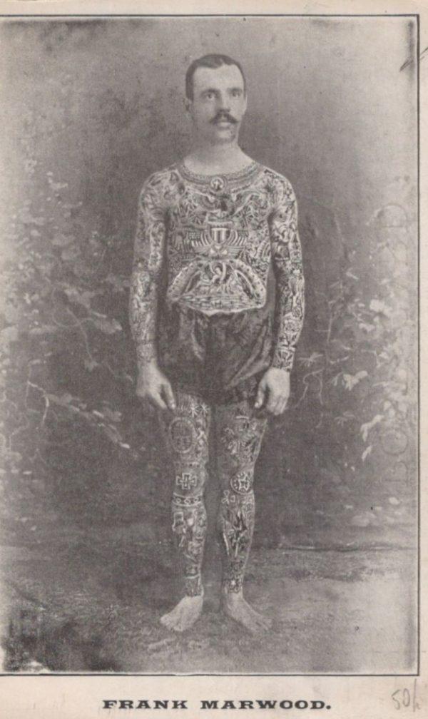 Frank Marwood Tattooed Man Circus Sideshow Performer-Antique Pitch Card