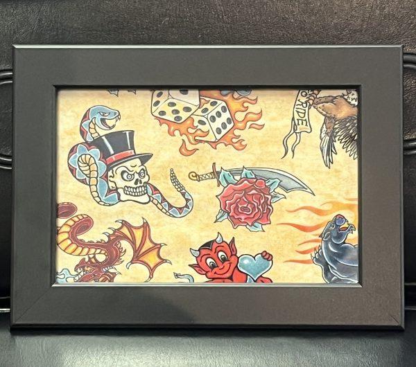 Vintage 1990`s Traditional Tattoo Design Cloth Mounted & Framed (6)