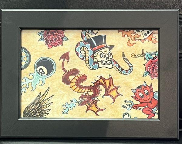 Vintage 1990`s Traditional Tattoo Design Cloth Mounted & Framed (4)