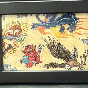 Vintage 1990`s Traditional Tattoo Design Cloth Mounted & Framed