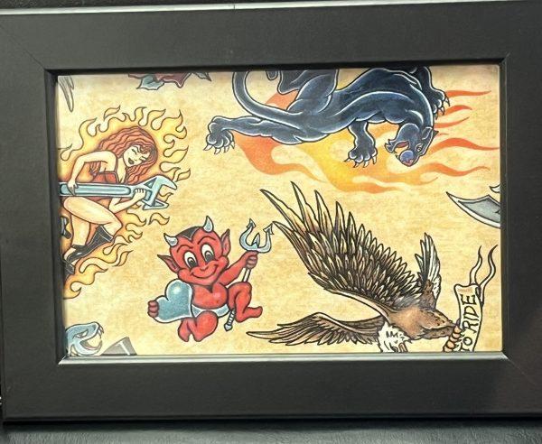 Vintage 1990`s Traditional Tattoo Design Cloth Mounted & Framed