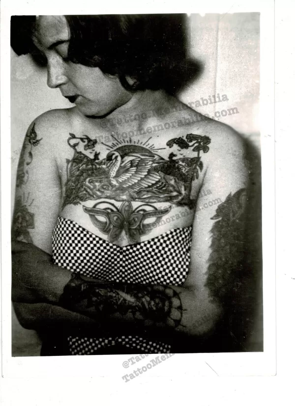 Original Bernard Kobel Photograph Tattooed Woman Chest Tattoos Vintage