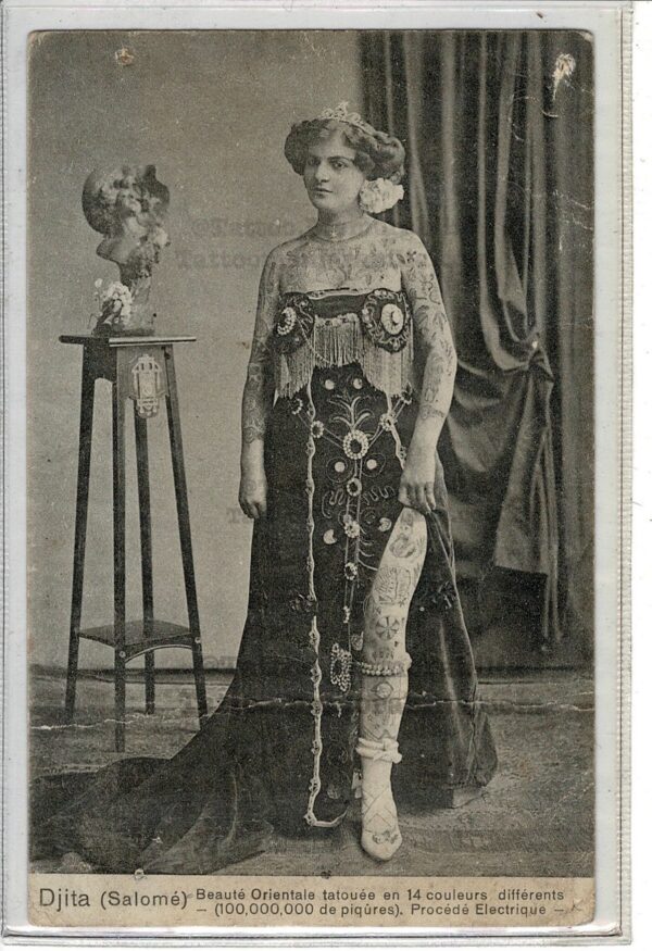 Djita Salomé Tattooed Lady- Antique Real Picture Postcard RPPC Circus Sidesshow