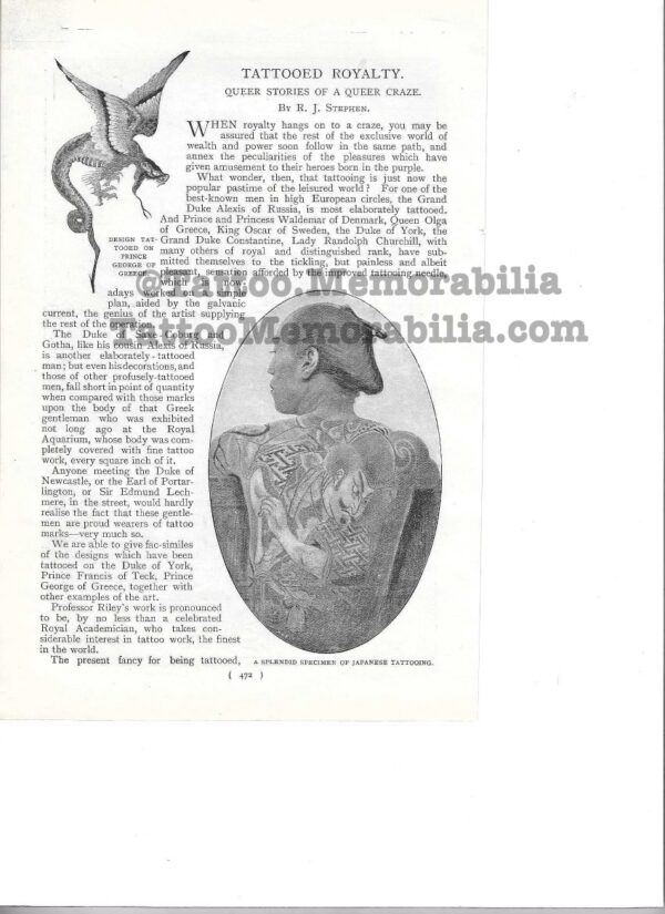 1898 Rare Original Article on Tattooing "Tattooed Royalty" Harmsworth Londondon Magazine by R.J. Stephen