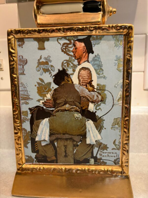 NORMAN ROCKWELL'S THE TATTOOIST EMPTY 11" GOLD KENTUCKY BOURBON DECANTER BOTTLE-Collectible