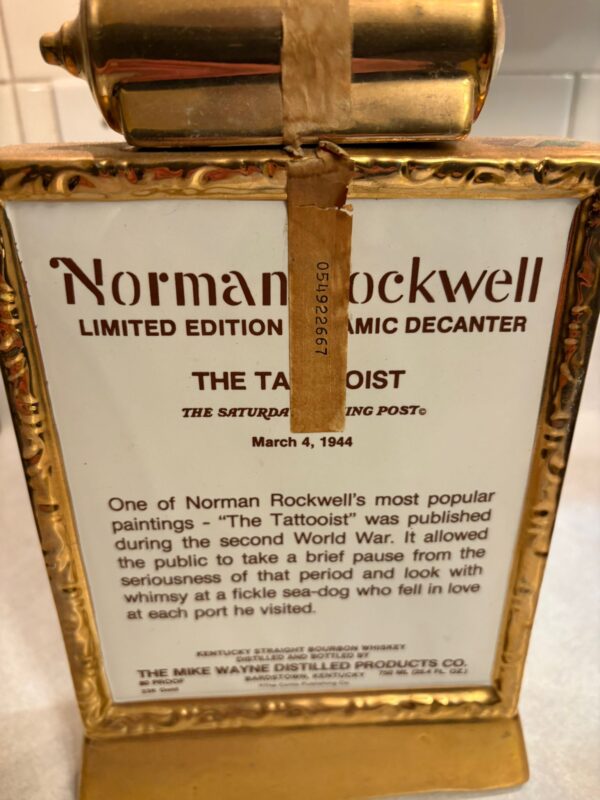 NORMAN ROCKWELL'S THE TATTOOIST EMPTY 11" GOLD KENTUCKY BOURBON DECANTER BOTTLE-Collectible