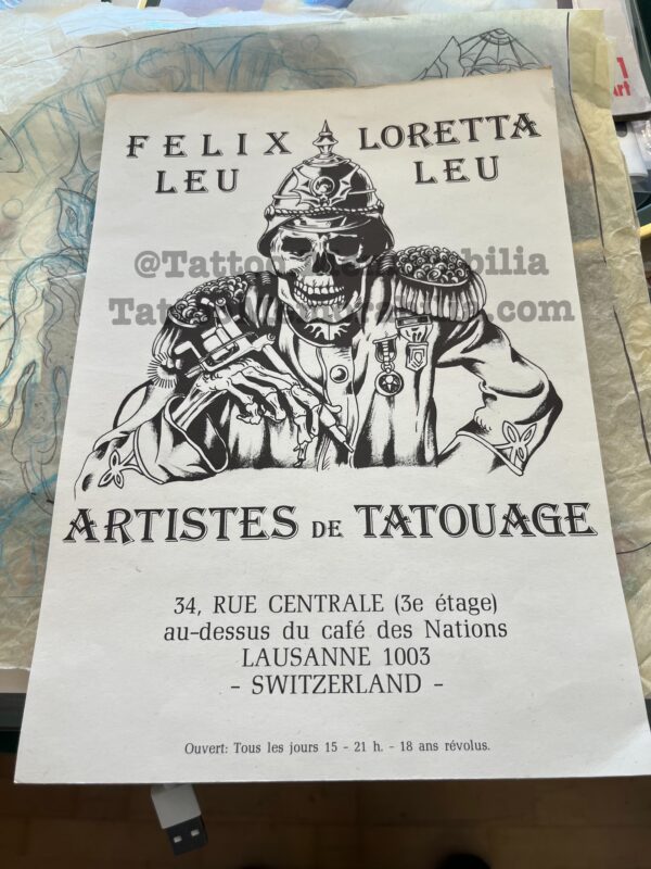 1986 Vintage Felix Leu & Loretta Leu Tattoo Studio Flyer - A4 Poster