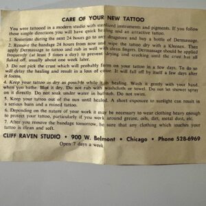 1972 Cliff Raven Vintage Tattoo Care Instructions - English / Spanish
