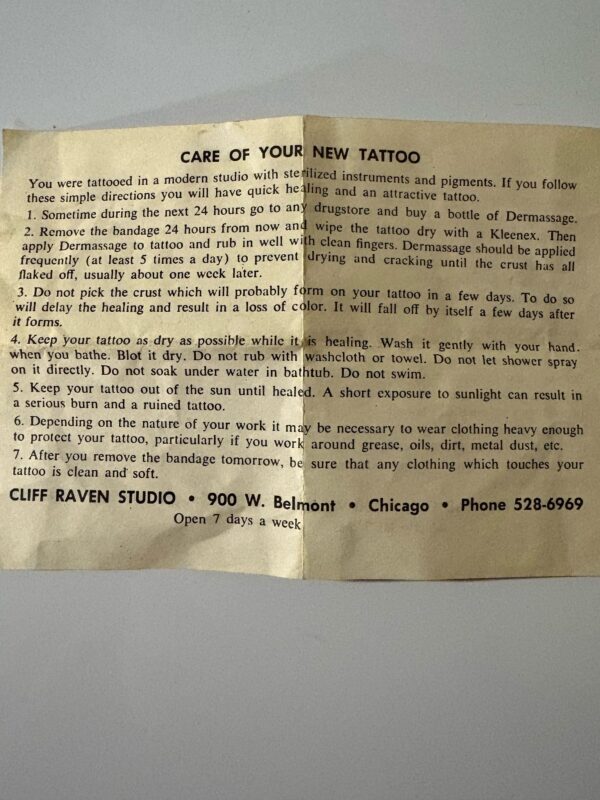 1972 Cliff Raven Vintage Tattoo Care Instructions - English / Spanish