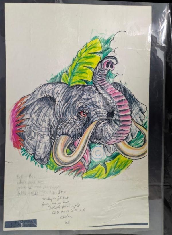 Ed Hardy Original Elephant Drawing 1980