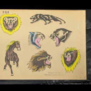 Vintage Tattoo Flash Sheet #388 Wild Animals-Spaulding & Rogers 1976