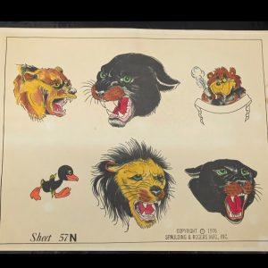 Vintage Tattoo Flash Sheet #57N Wild Animals-Spaulding & Rogers 1976